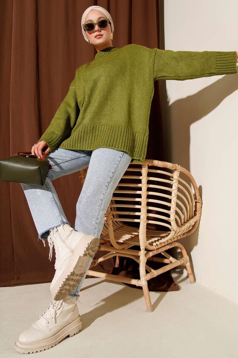 Basic Oversize Triko Tunik Yağ Yeşili