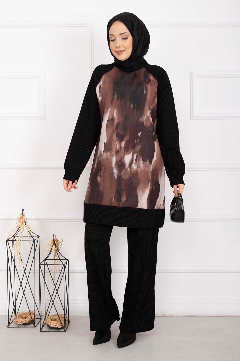 Batik Desen Ribanalı Tesettür İkili Takım Taba
