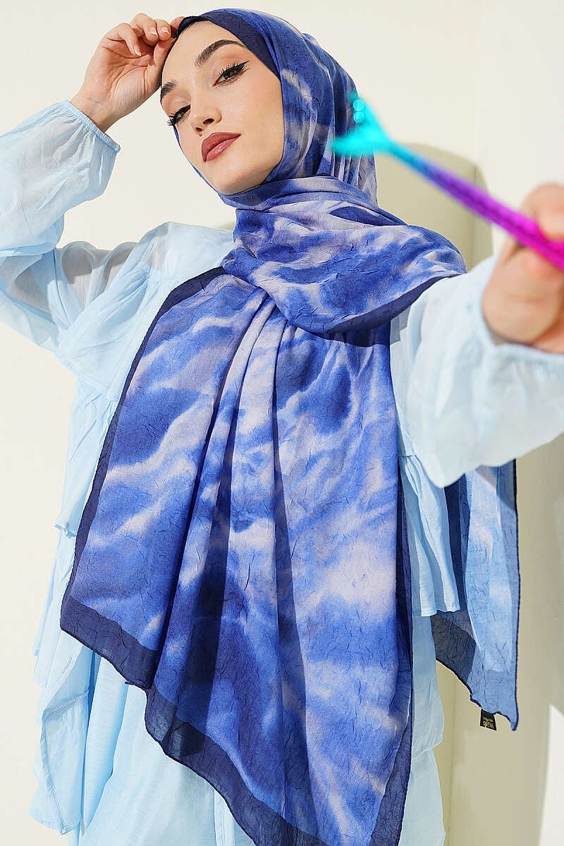 Batik Ebruli Bambu Kraş Şal Lacivert