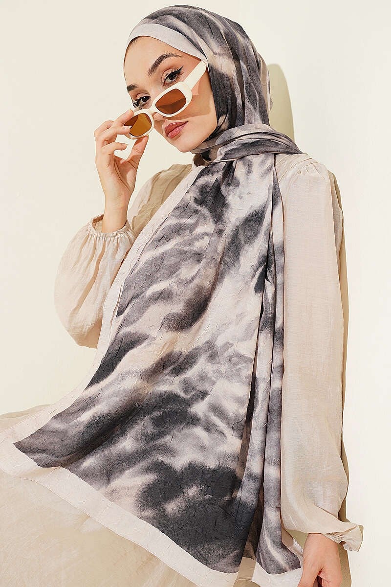 Batik Ebruli Bambu Kraş Şal Siyah Bej