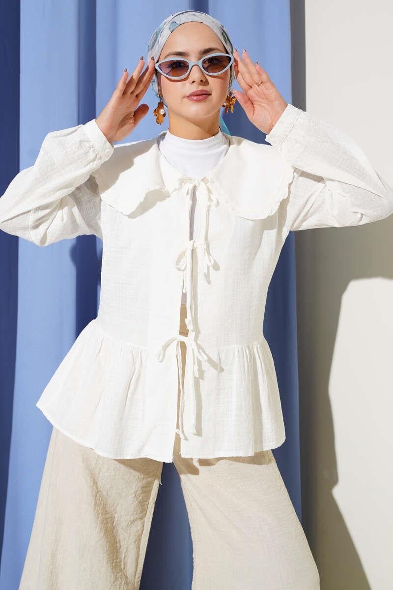 Bebe Yaka İp Bağlamalı Kimono Ekru