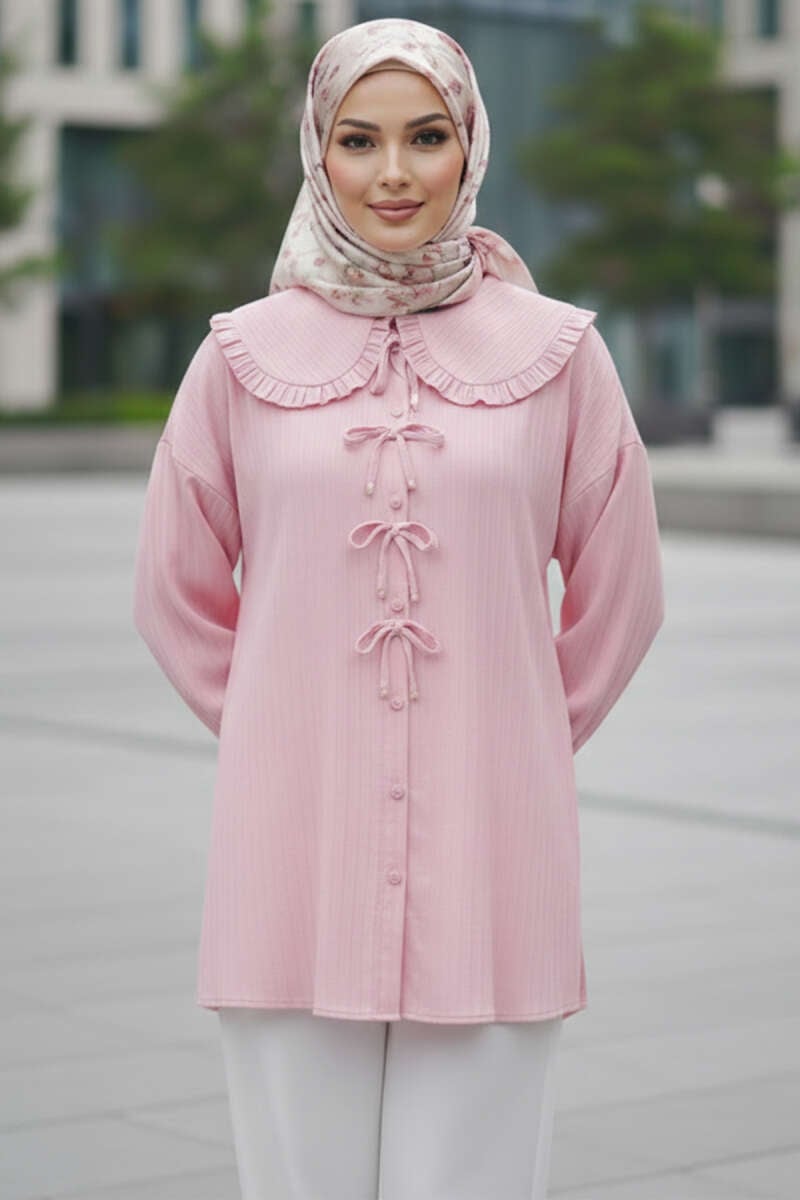 Bebe Yaka Kurdeleli Tunik Pembe