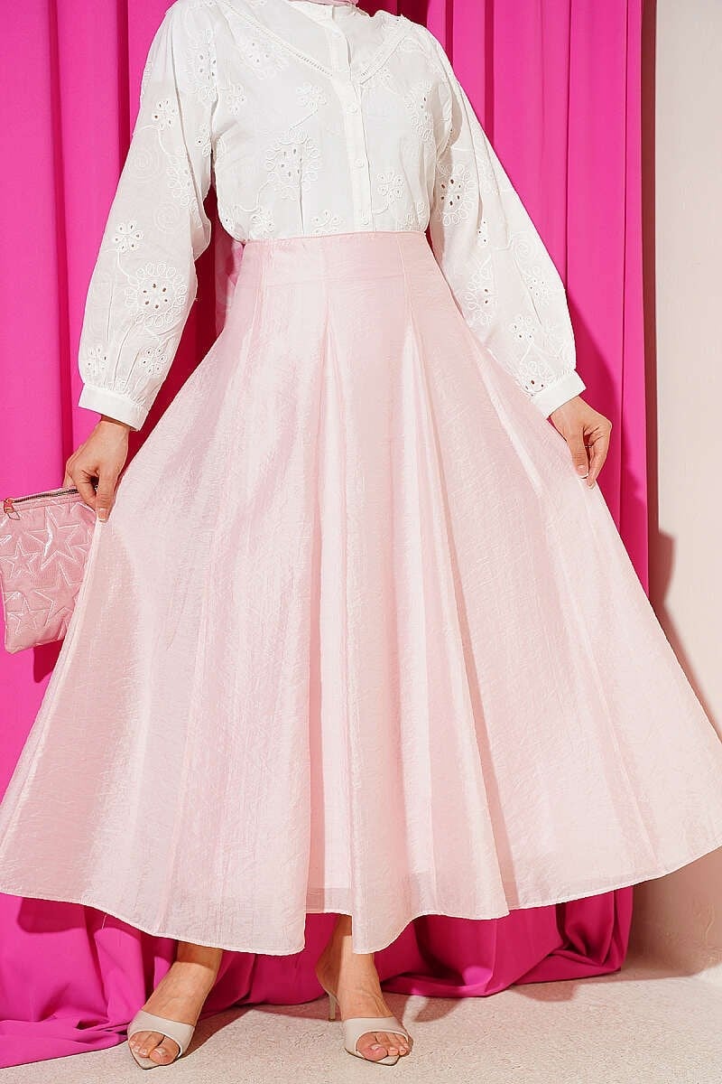 Bel Fermuarlı Kloş Tül Etek Pembe
