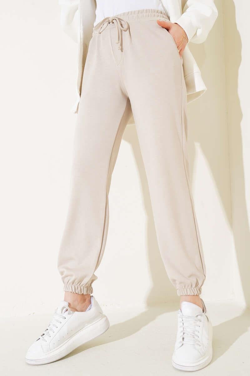 Bel İpli Paça Lastikli Jogger Pantolon Bej
