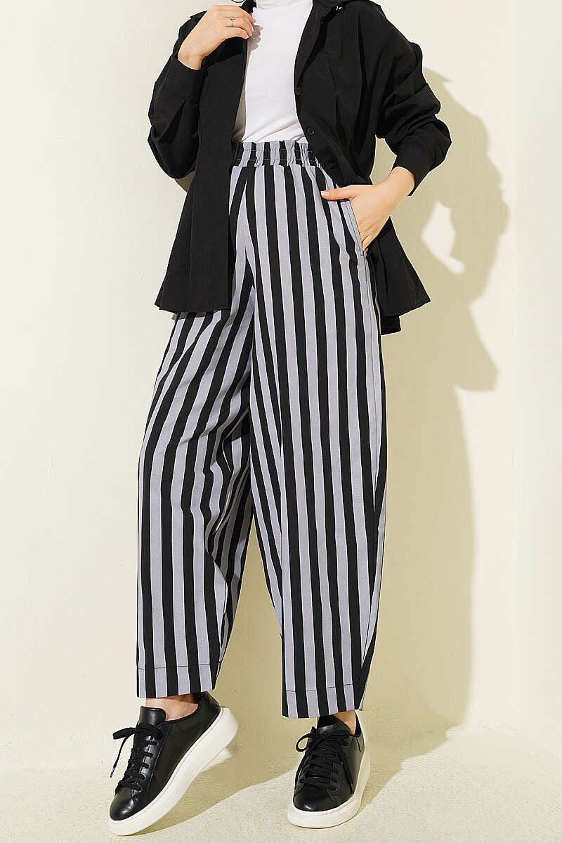 Bel Lastikli Çizgili Poplin Pantolon Gri