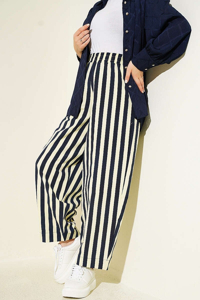 Bel Lastikli Çizgili Poplin Pantolon Sarı