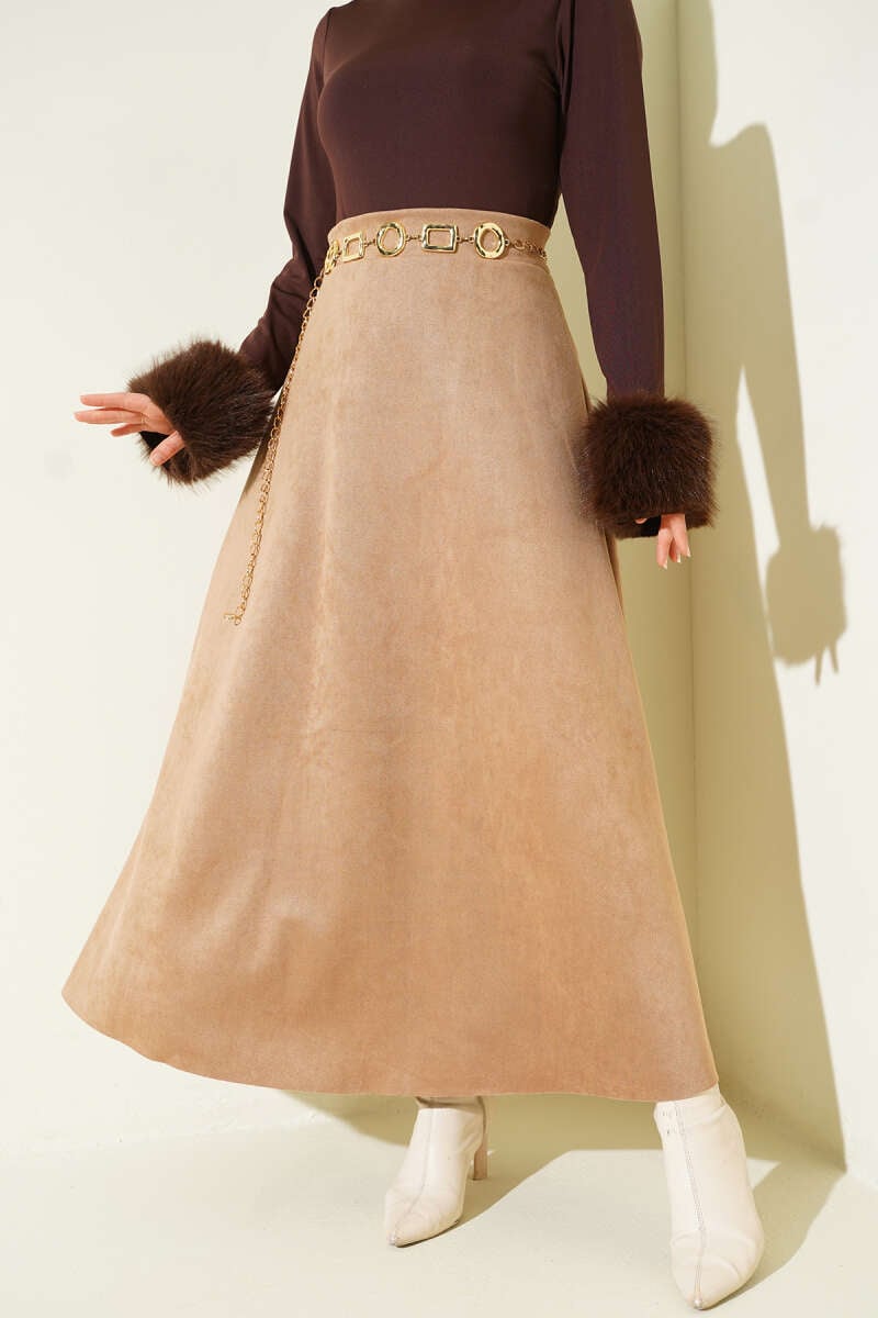 Bel Lastikli Süet Kloş Etek Camel