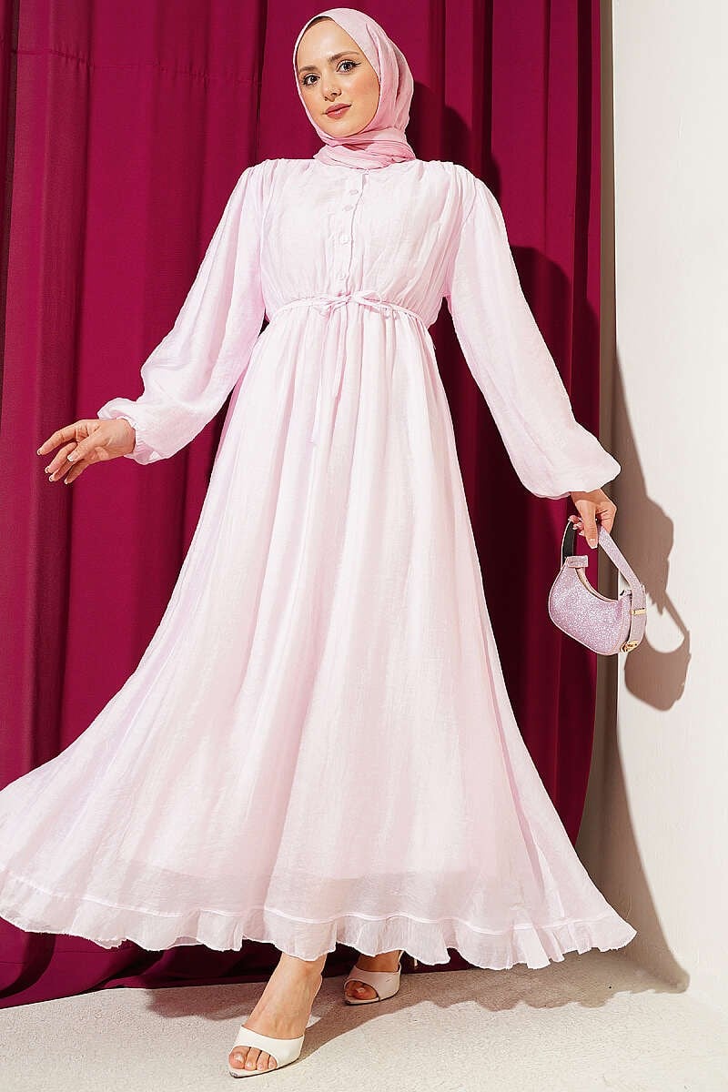 Bel Lastikli Yarım Düğmeli Elbise Pembe