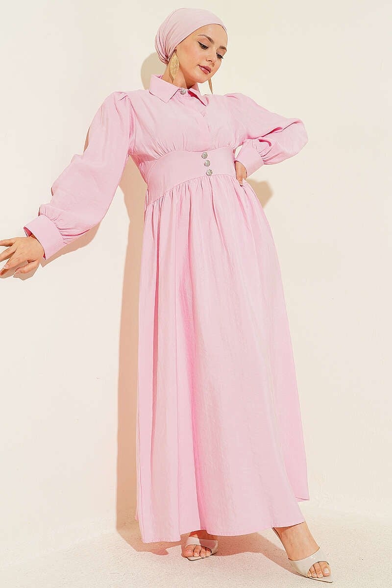 Bel Oturtmalı Yarım Gizli Düğmeli Elbise Pembe