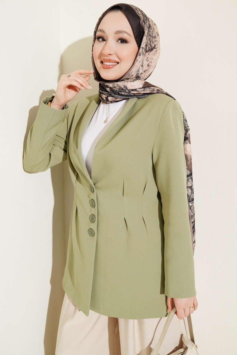 Bel Pensli Düğmeli Blazer Ceket Çağla Yeşili