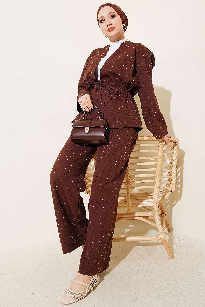 Bel Tünelli Mini Taşlı Dabıl İkili Takım Kahve