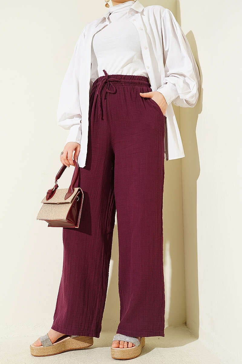 Beli Lastikli Geniş Paça Müslin Pantolon Mürdüm
