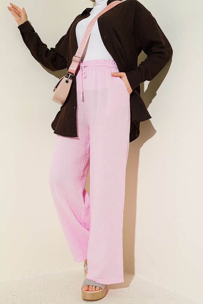 Beli Lastikli Geniş Paça Müslin Pantolon Pembe