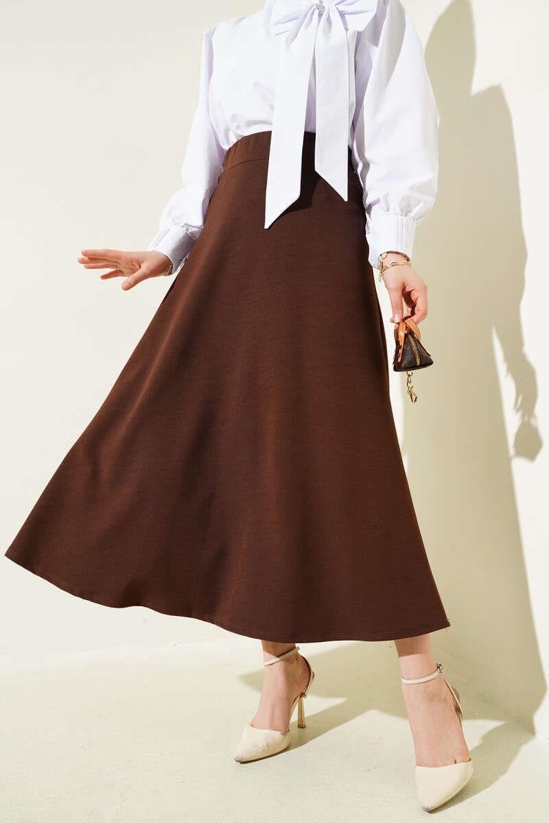 Beli Lastikli Kloş Basic Etek Kahve