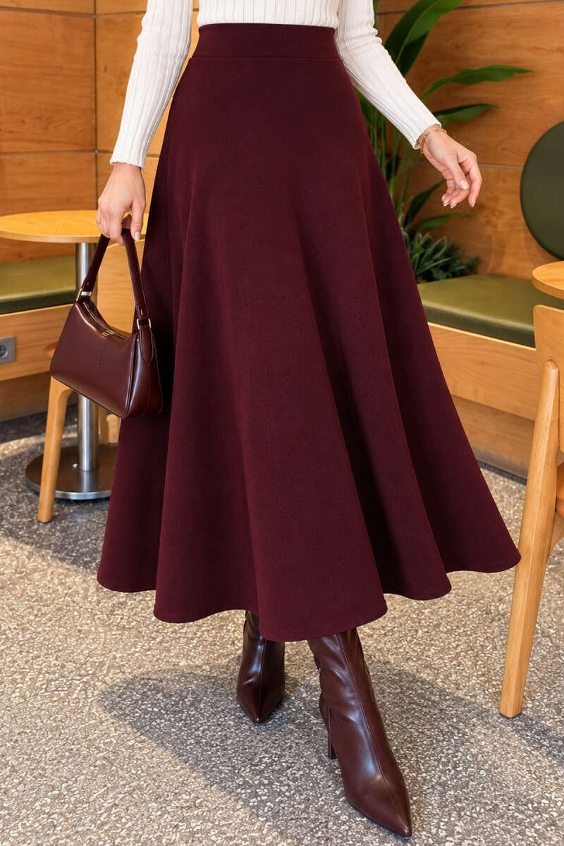 Beli Lastikli Kloş Basic Etek Mürdüm