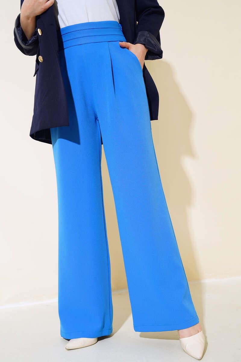 Beli Üç Katlı Bol Paça Pantolon Mavi
