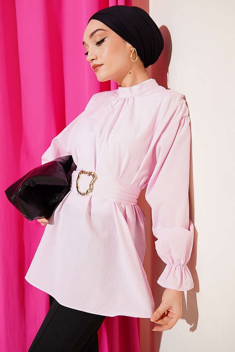 Bilek Lastikli Kuşaklı Poplin Tunik Pembe