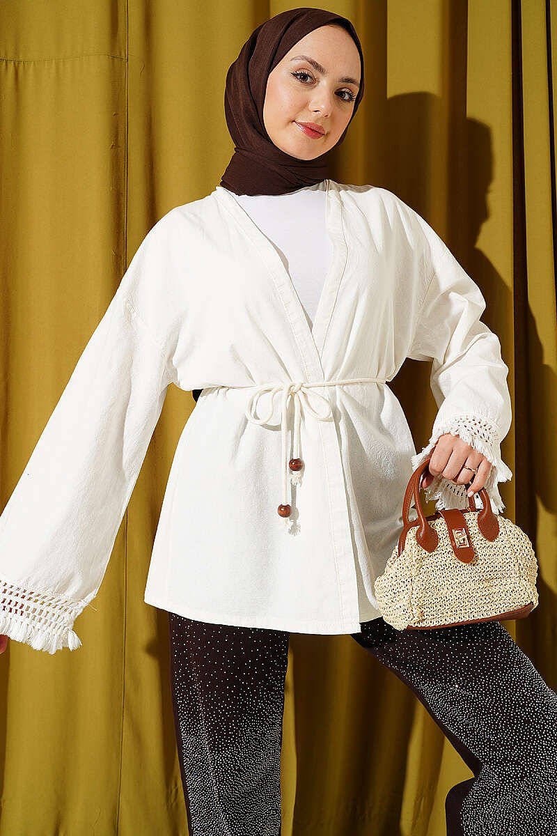 Bilek Püsküllü Keten Kimono Ekru