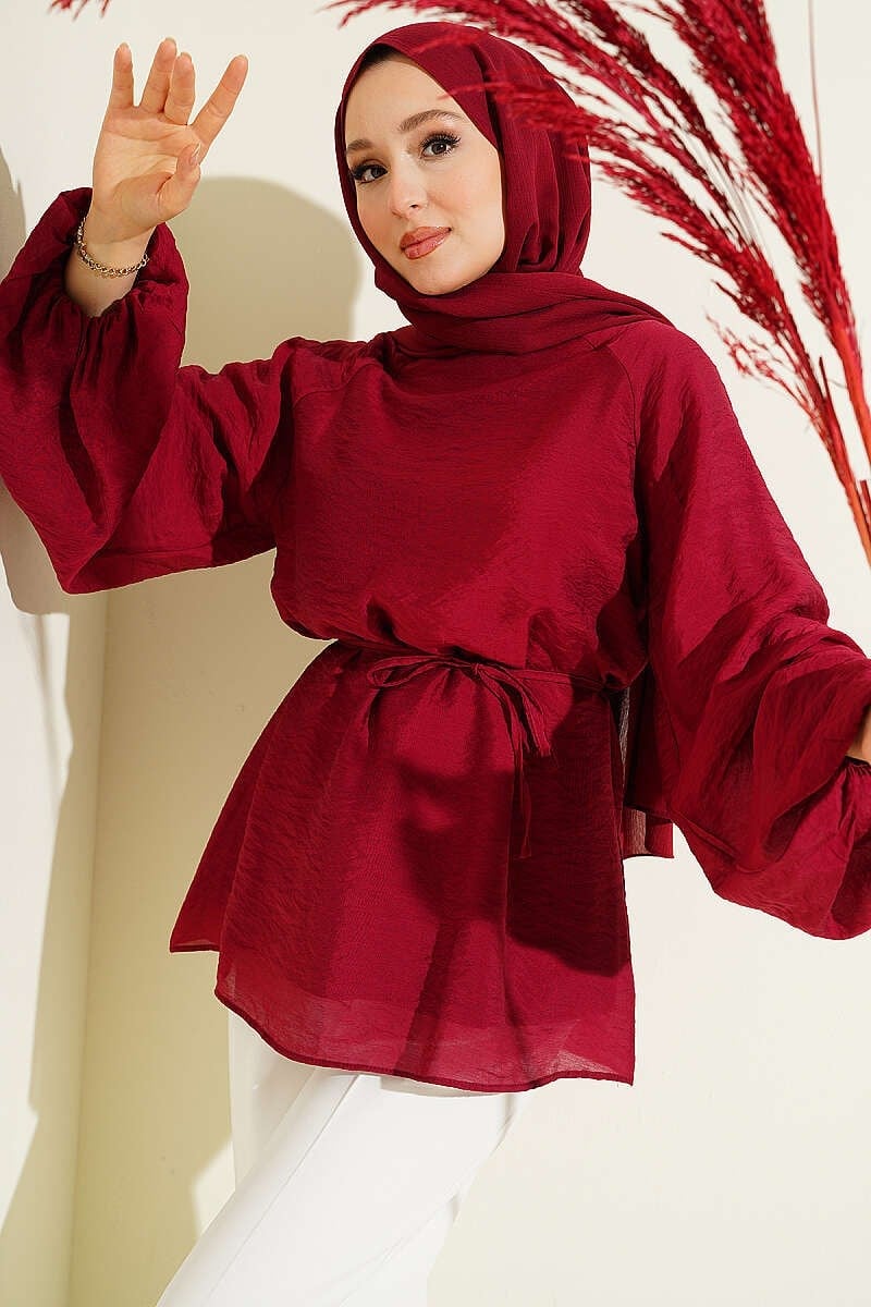 Bisiklet Yaka İp Bağcıklı Tunik Bordo
