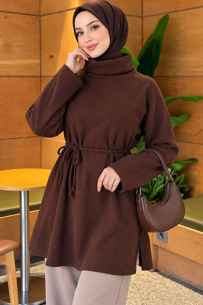Boğazlı Fitilli Tunik Kahve