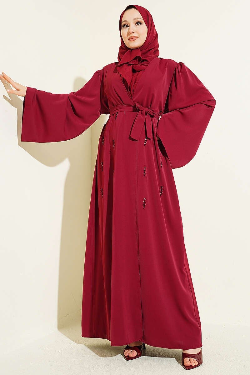 Boncuk İşlemeli Kuşaklı Abaya Bordo
