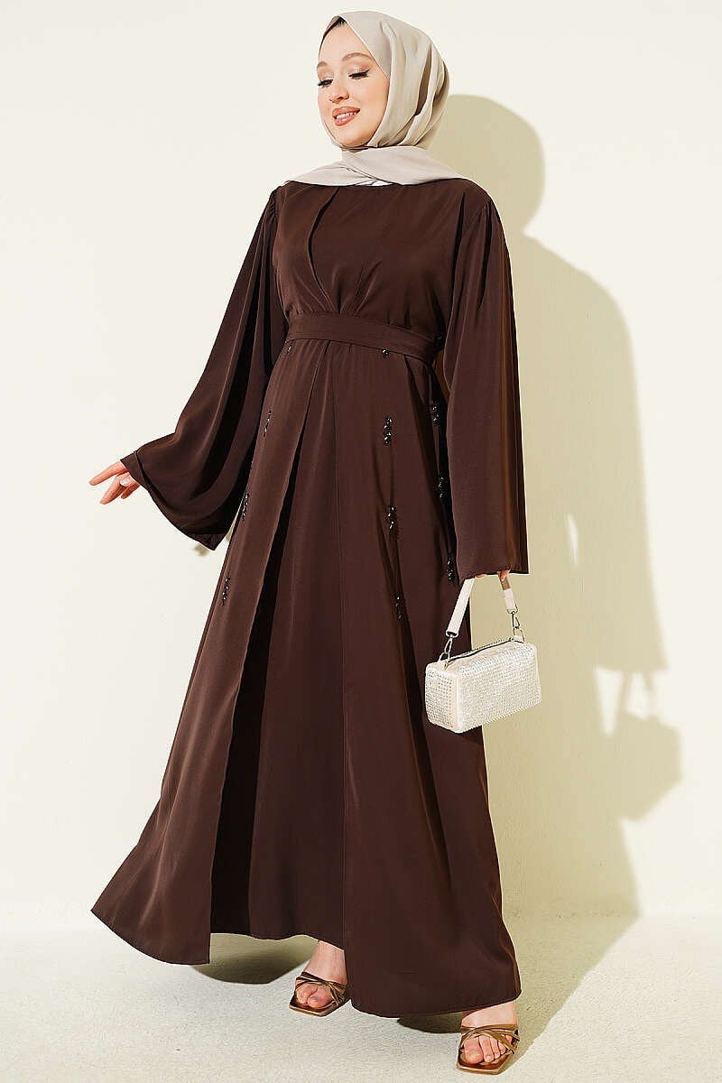 Boncuk İşlemeli Kuşaklı Abaya Kahve