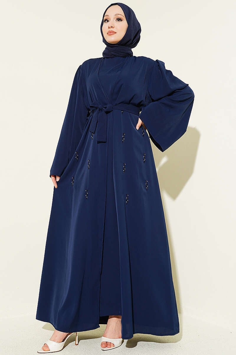 Boncuk İşlemeli Kuşaklı Abaya Lacivert