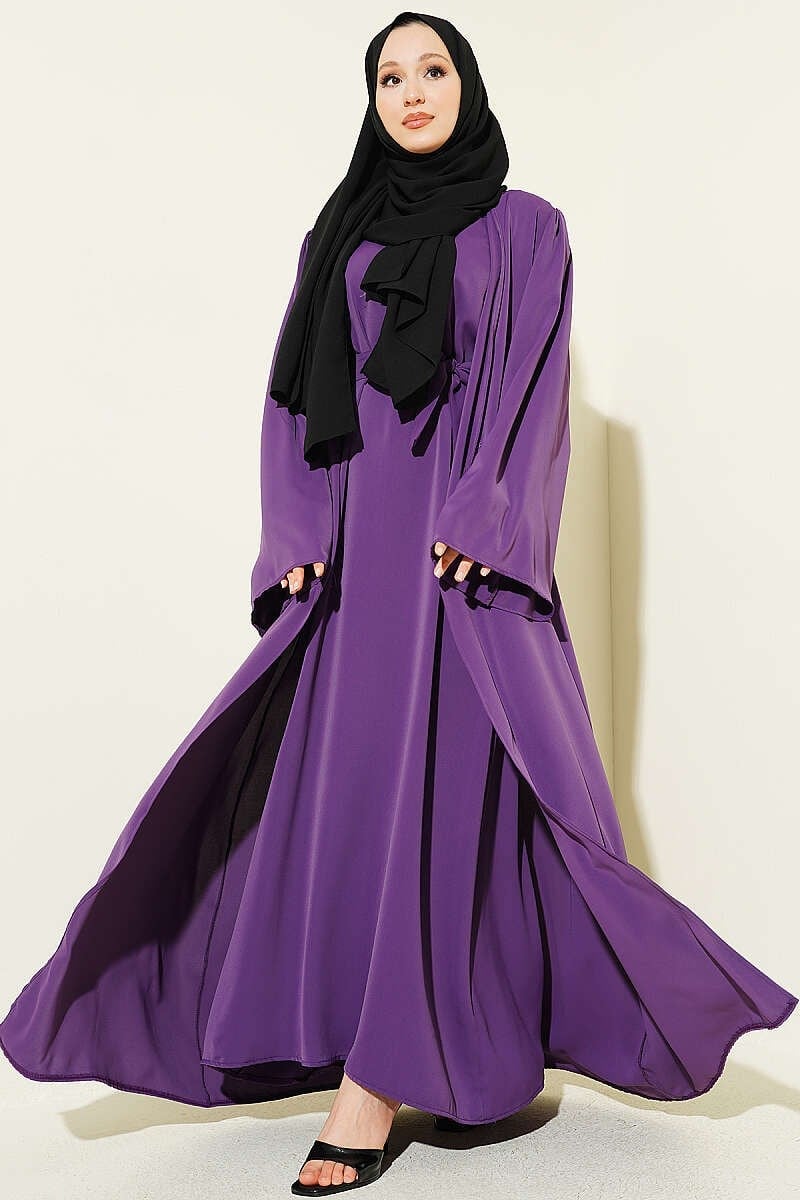 Boncuk İşlemeli Kuşaklı Abaya Lavanta