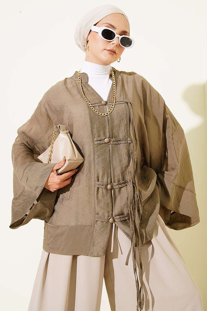 Brit Düğmeli Oversize Kimono Haki
