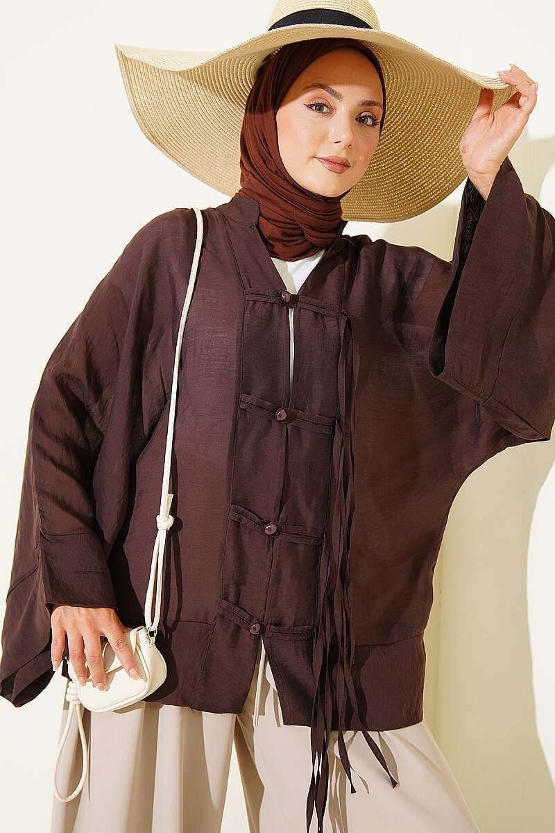 Brit Düğmeli Oversize Kimono Kahve