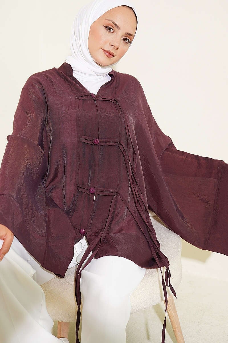 Brit Düğmeli Oversize Kimono Mürdüm