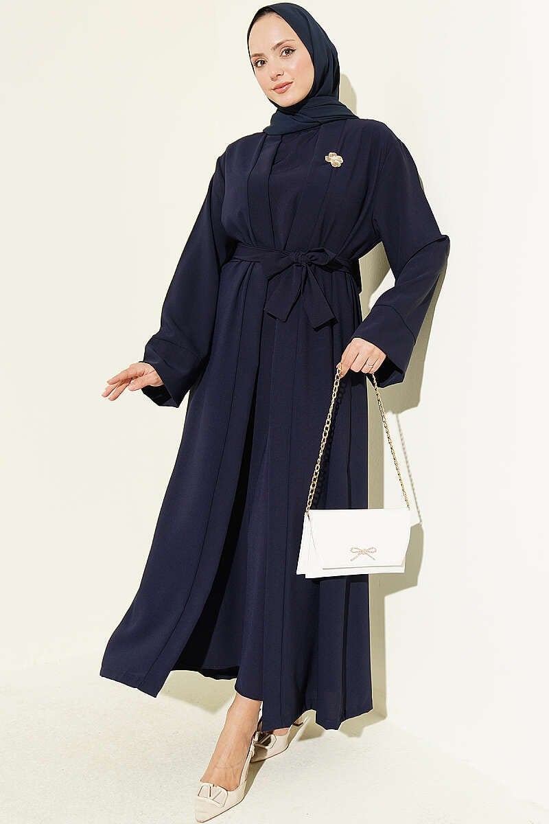 Broş Aksesuarlı Abaya Takım Lacivert