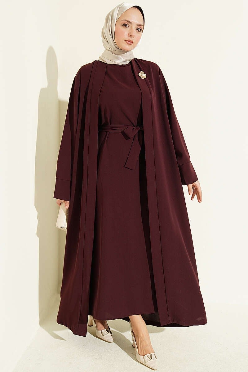 Broş Aksesuarlı Abaya Takım Mürdüm
