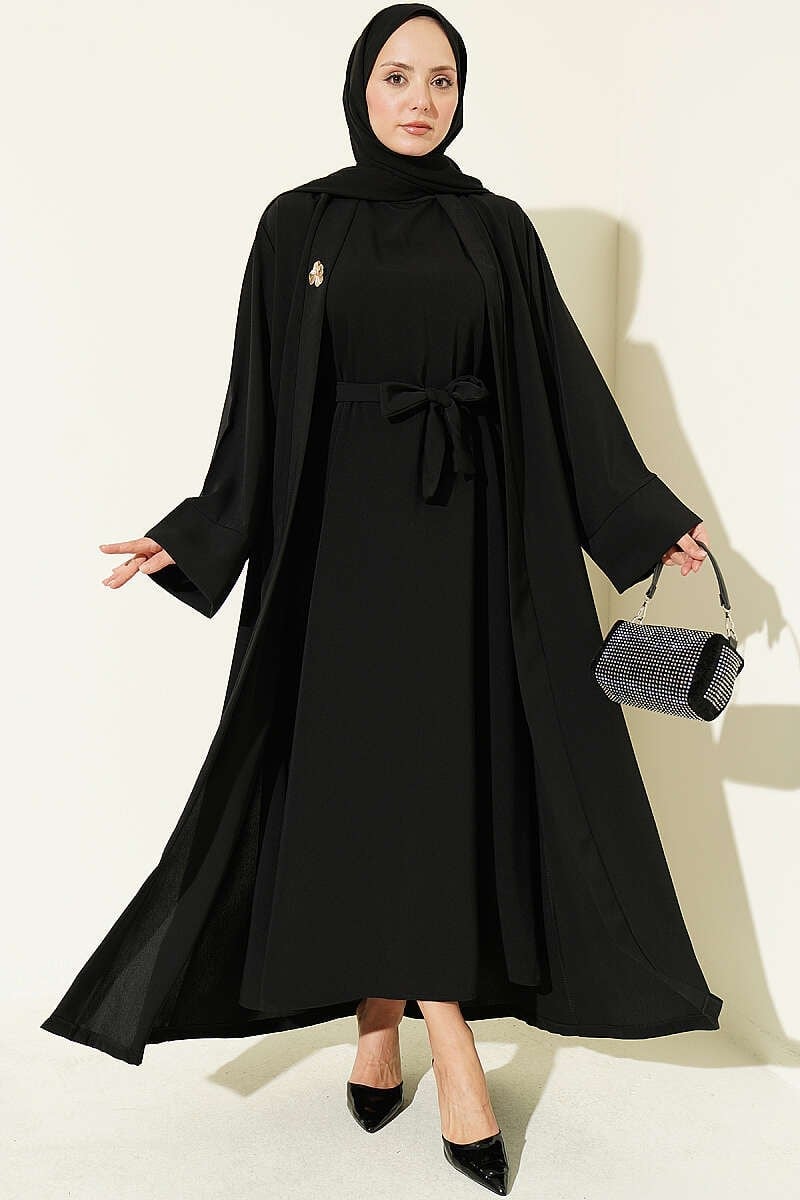 Broş Aksesuarlı Abaya Takım Siyah