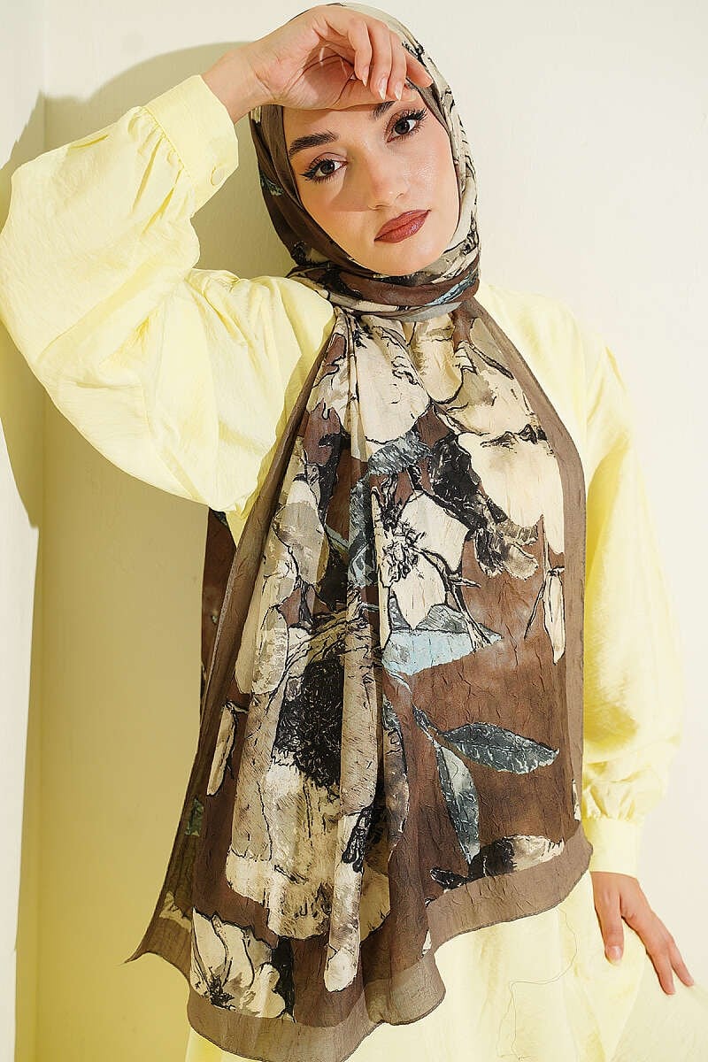 Çiçek Desenli Liva Kraş Modal Şal Haki