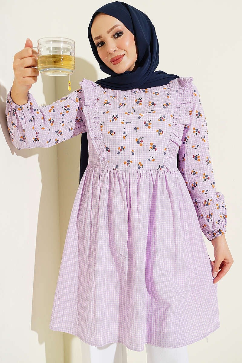 Çiçek Detaylı Pötikare Tunik Lila