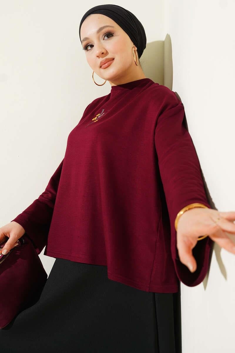Çiçek İşlemeli Loyşa Bluz Bordo