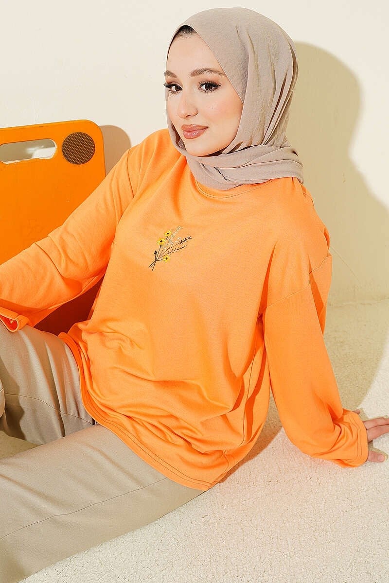 Çiçek İşlemeli Loyşa Bluz Oranj