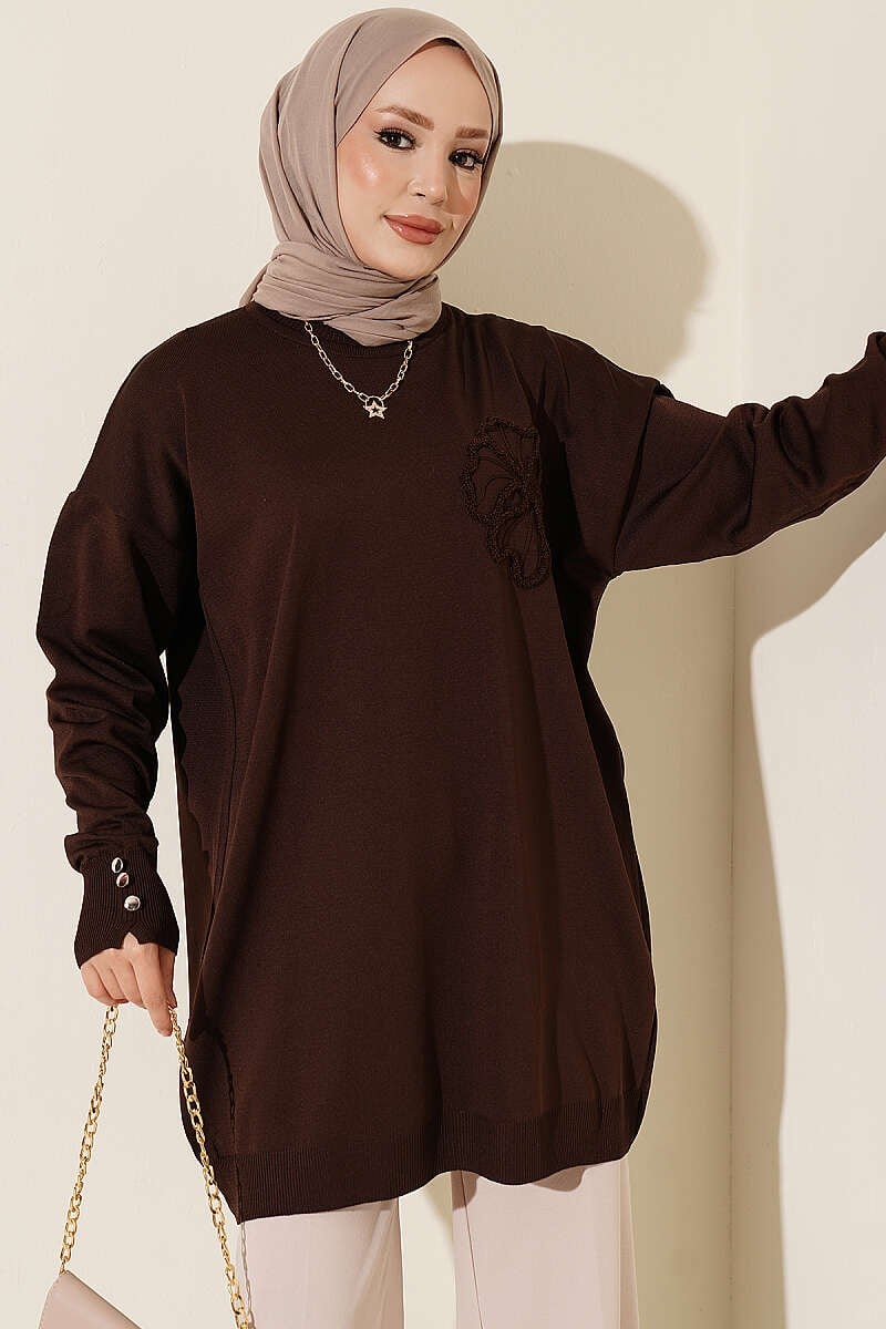 Çiçek Nakışlı Merserize Tunik Acı Kahve