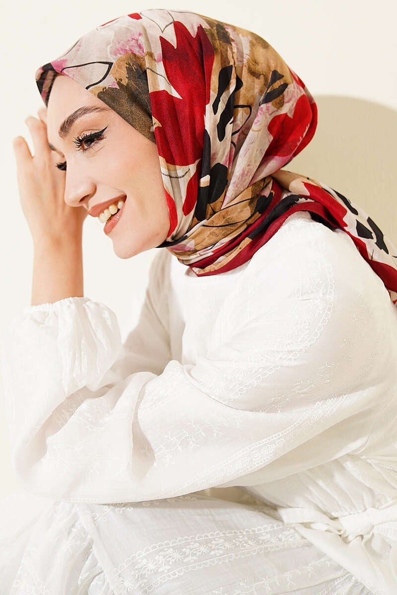 Çiçekli Fırça Desen Elegance Eşarp Bordo