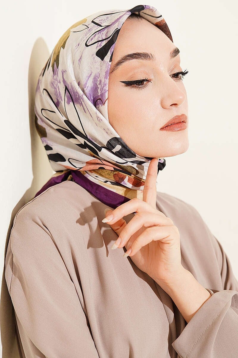 Çiçekli Fırça Desen Elegance Eşarp Mor