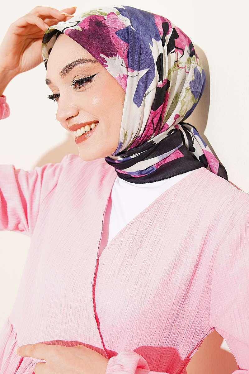 Çiçekli Fırça Desen Elegance Eşarp Siyah