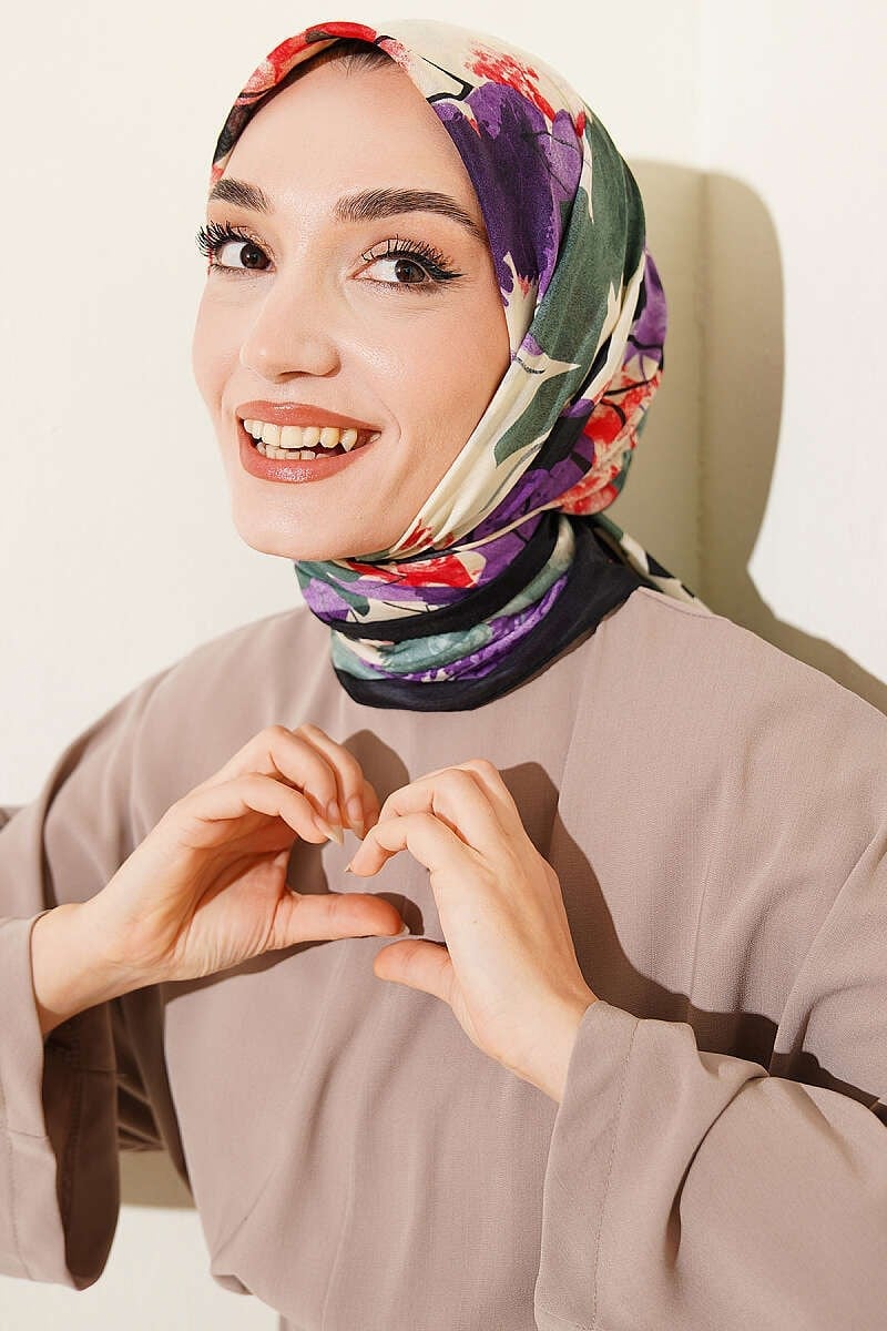 Çiçekli Fırça Desen Elegance Eşarp Siyah Mor