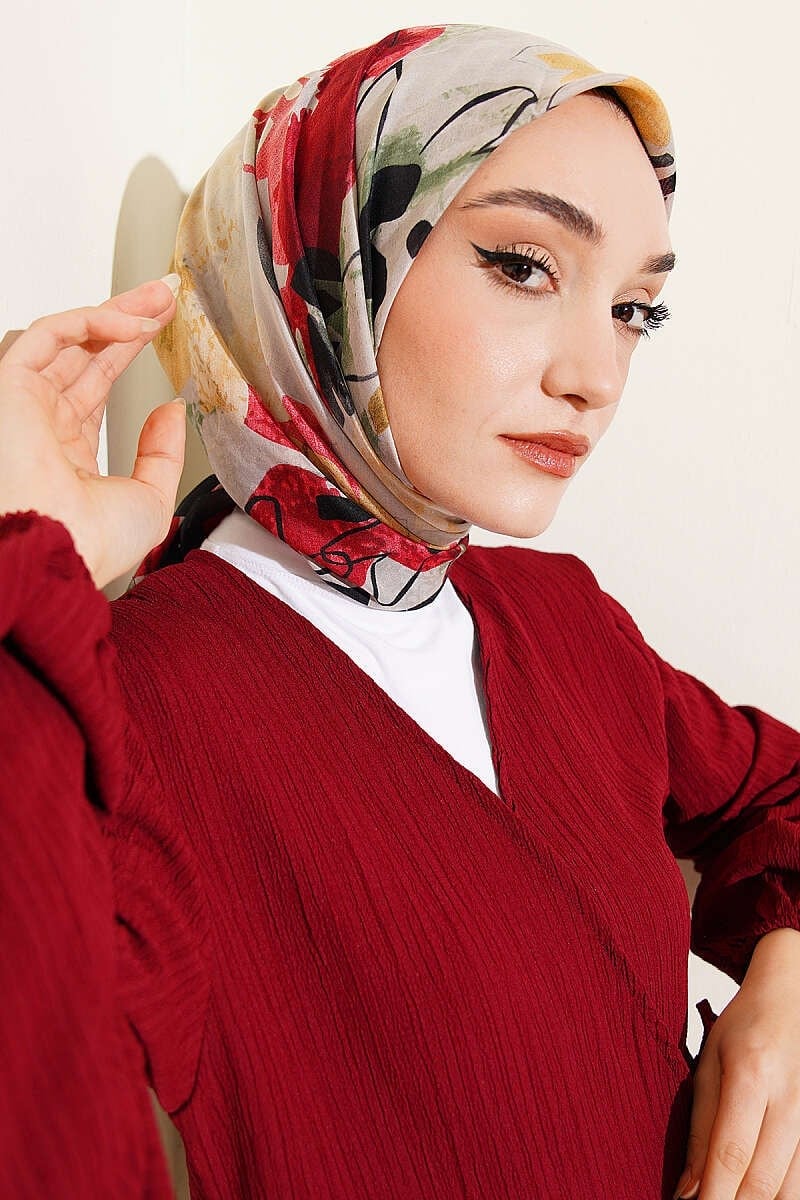 Çiçekli Fırça Desen Elegance Eşarp Siyah Kırmızı