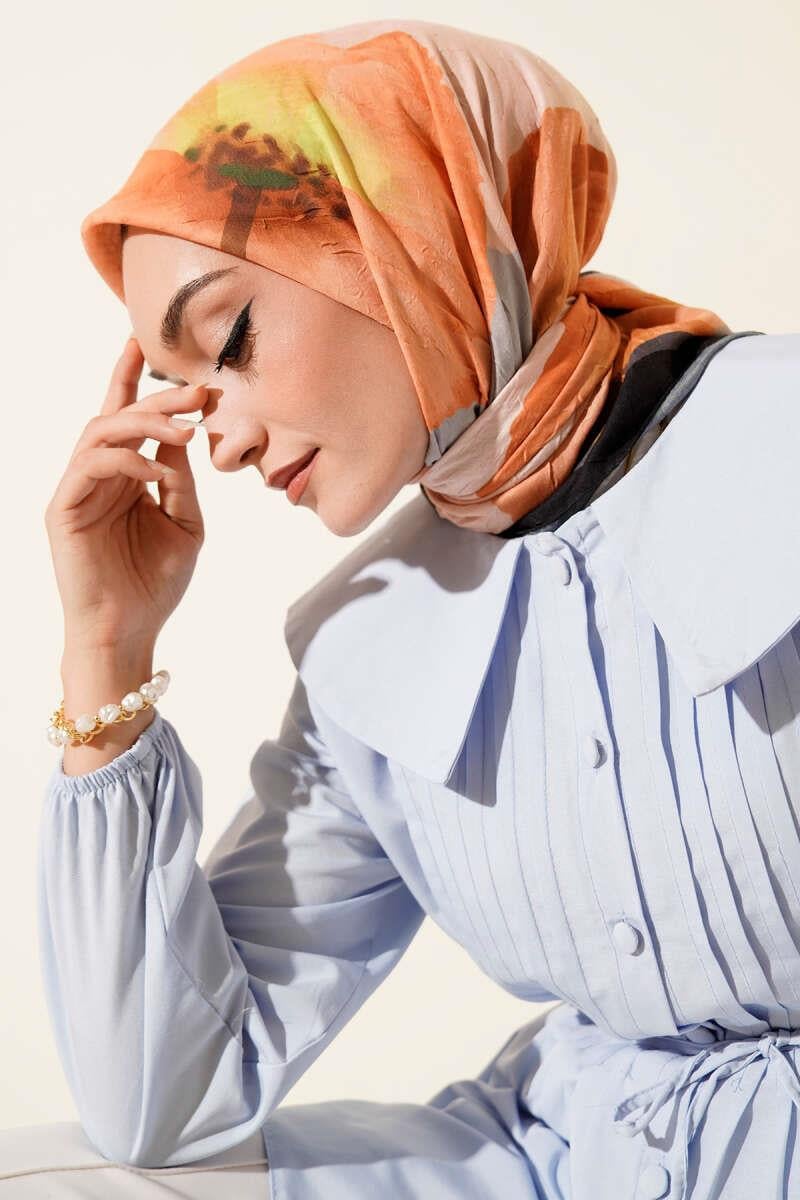 Çiçekli Şeritli Bambu Kraş Eşarp Oranj
