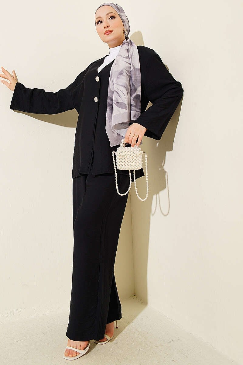 Çift Düğmeli Kimono İkili Takım Siyah