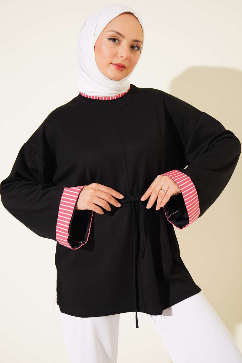 Çizgi Garnili İp Bağcıklı Tunik Siyah