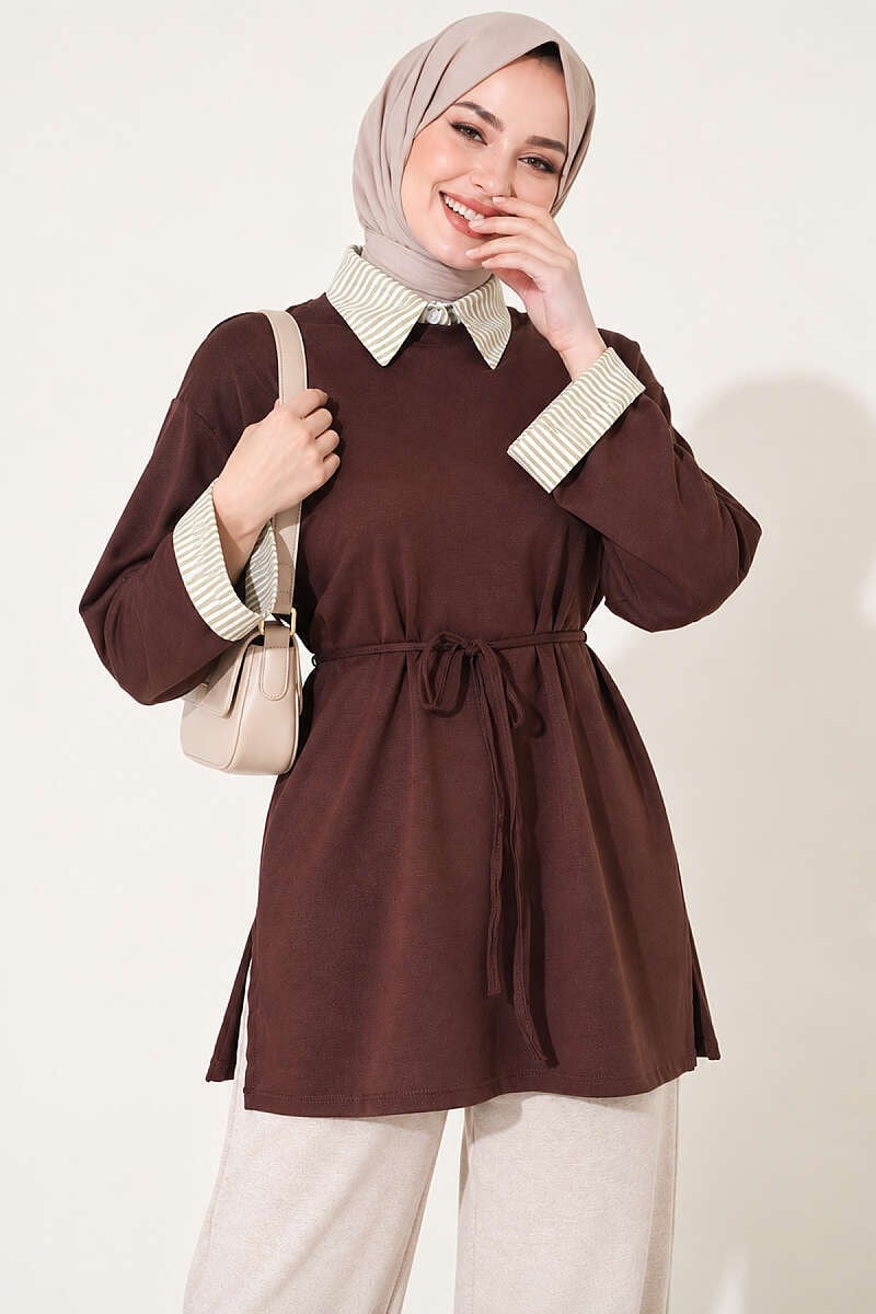 Çizgi Gömlek Garnili Basic Tunik Kahve