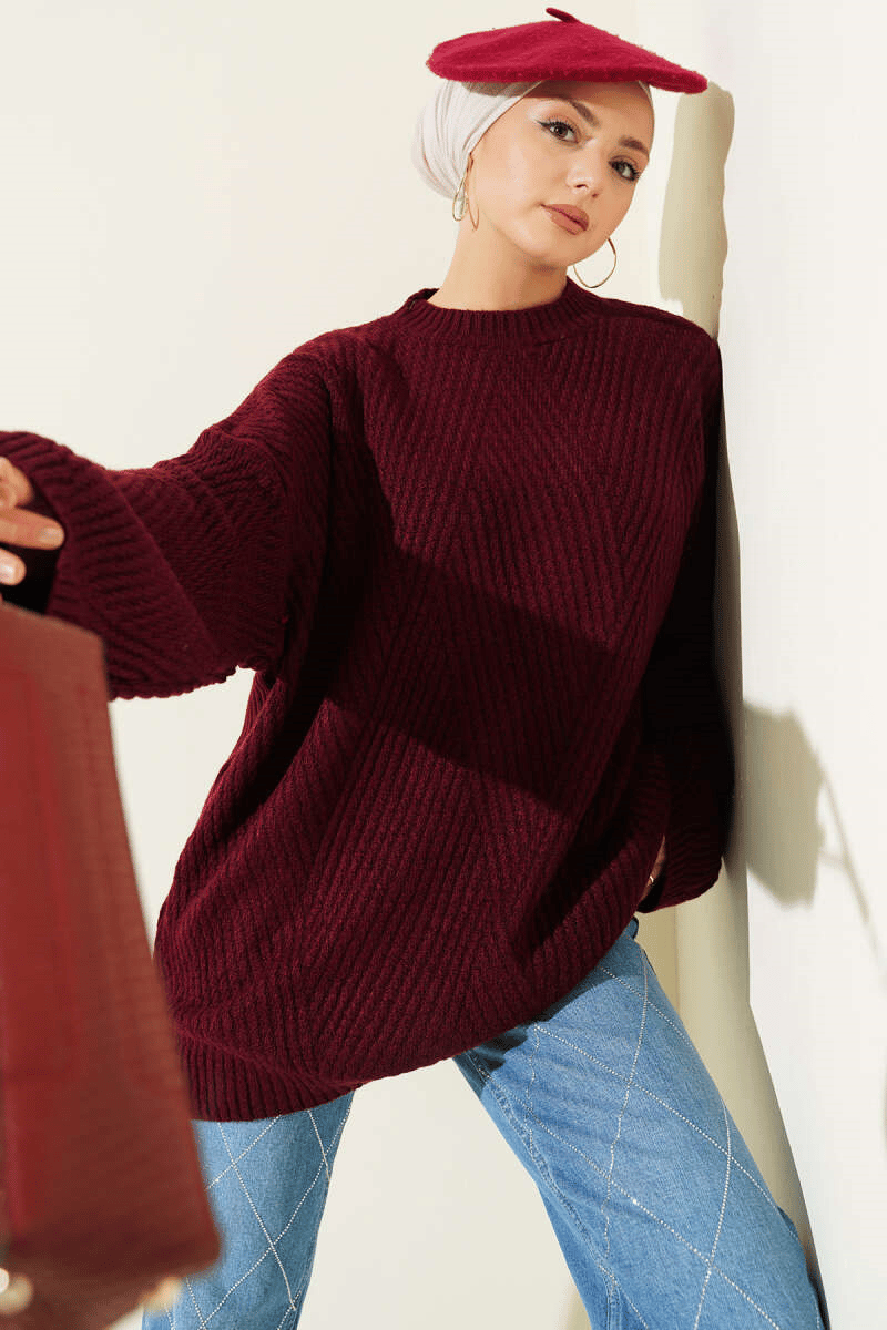 Çizgi Kabartmalı Triko Tunik Bordo