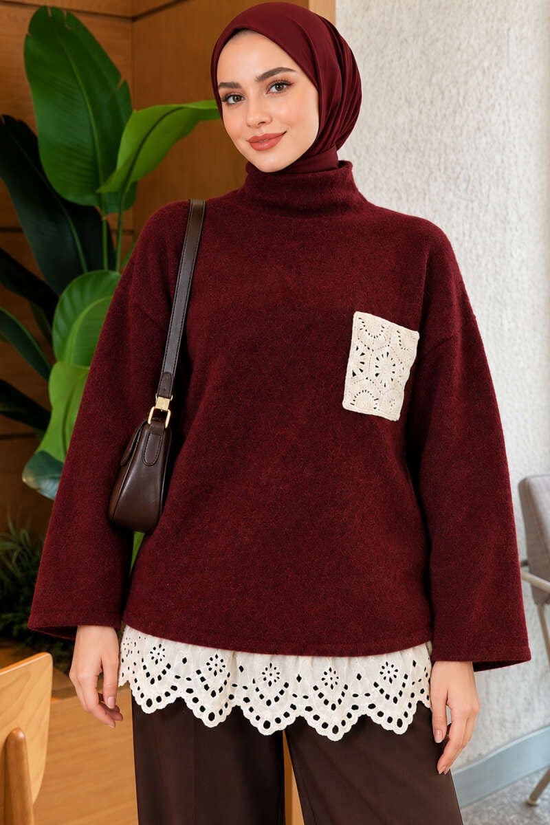 Dantel Cep Detaylı Triko Tunik Bordo